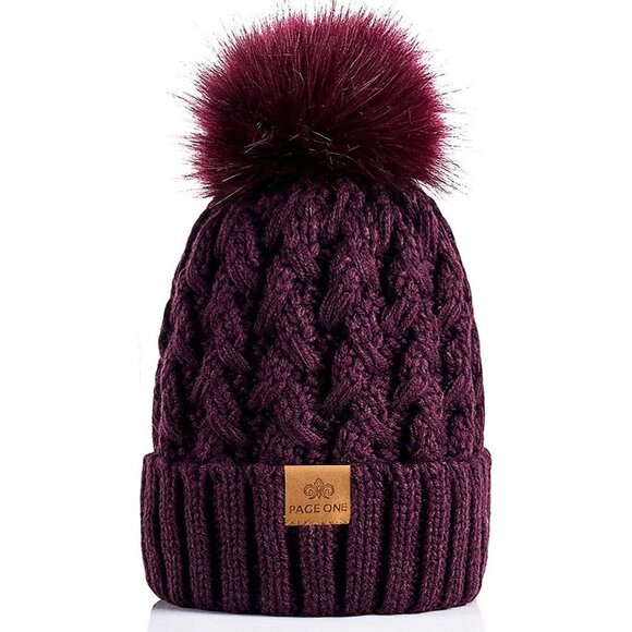 Women’s Purple Winter Ribbed Beanie Hat Chunky Cable Knit Pompom Warm